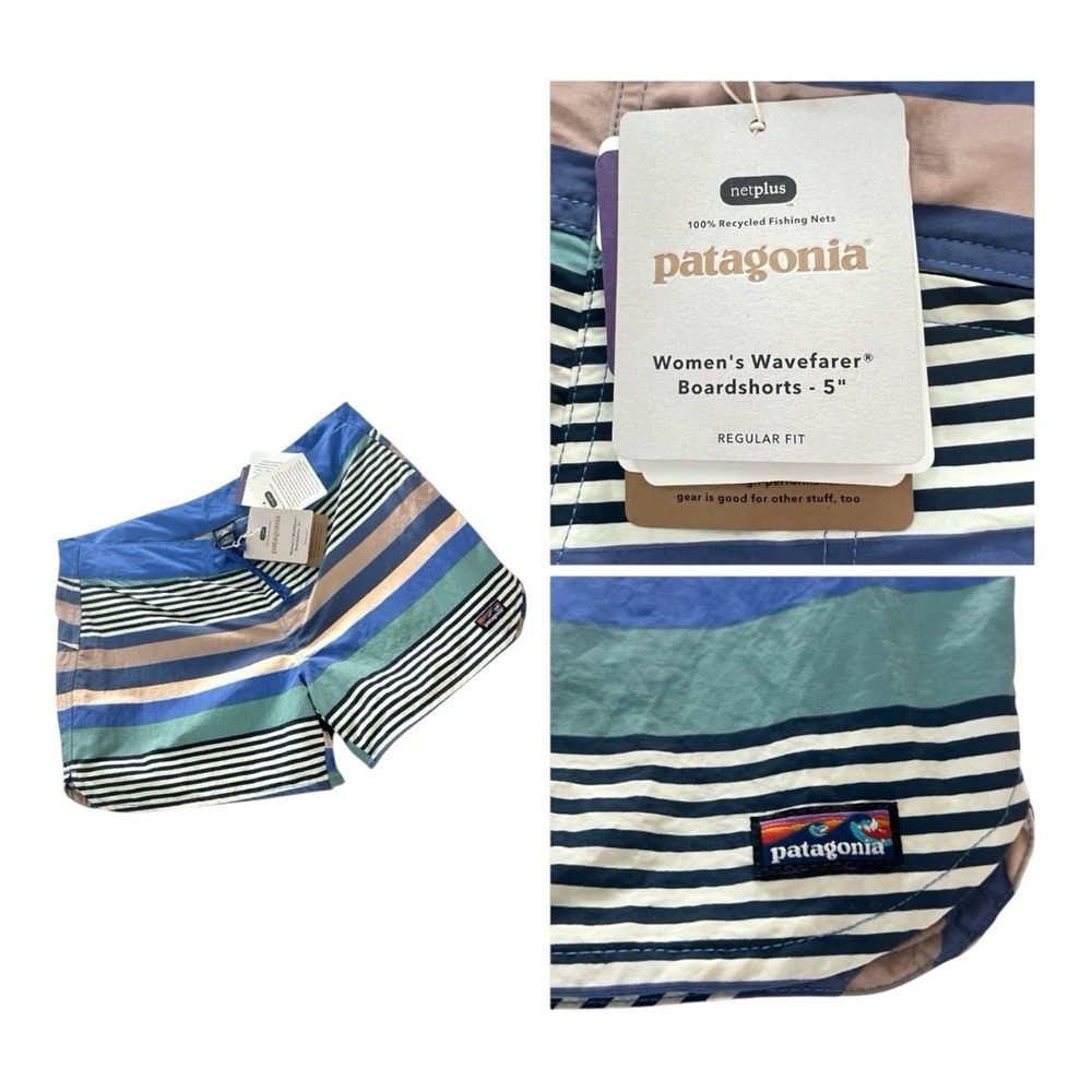 NWT Patagonia Wavefarer 5" Board Shorts Fitz Stripe Float Blue Beach Women Sz 12